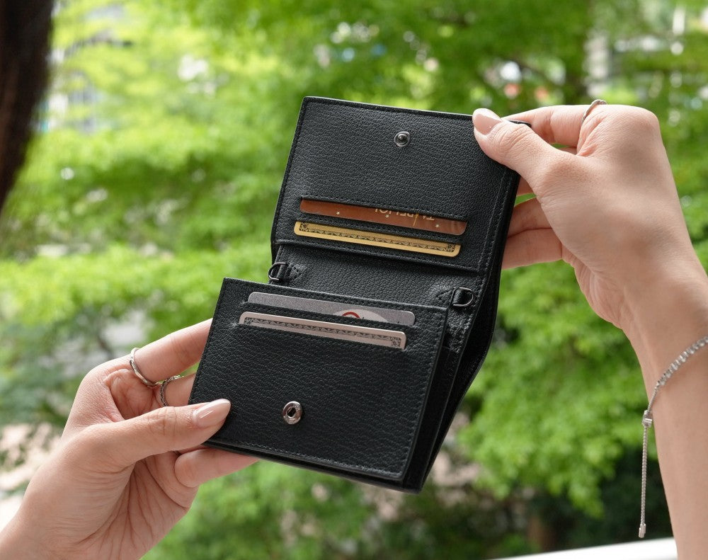 Carina Wallet v2 - Black Convertible Leather Wallet Bag
