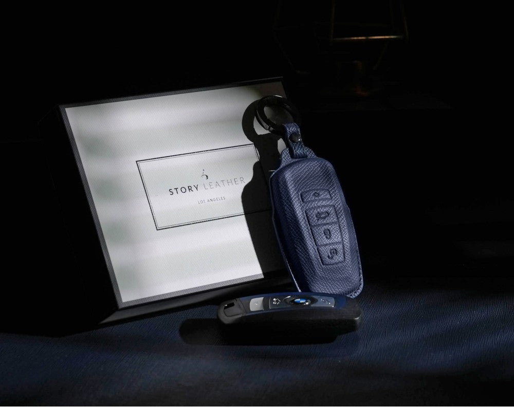 Blue Leather Key Cover for BMW Smart Key (Style R4)