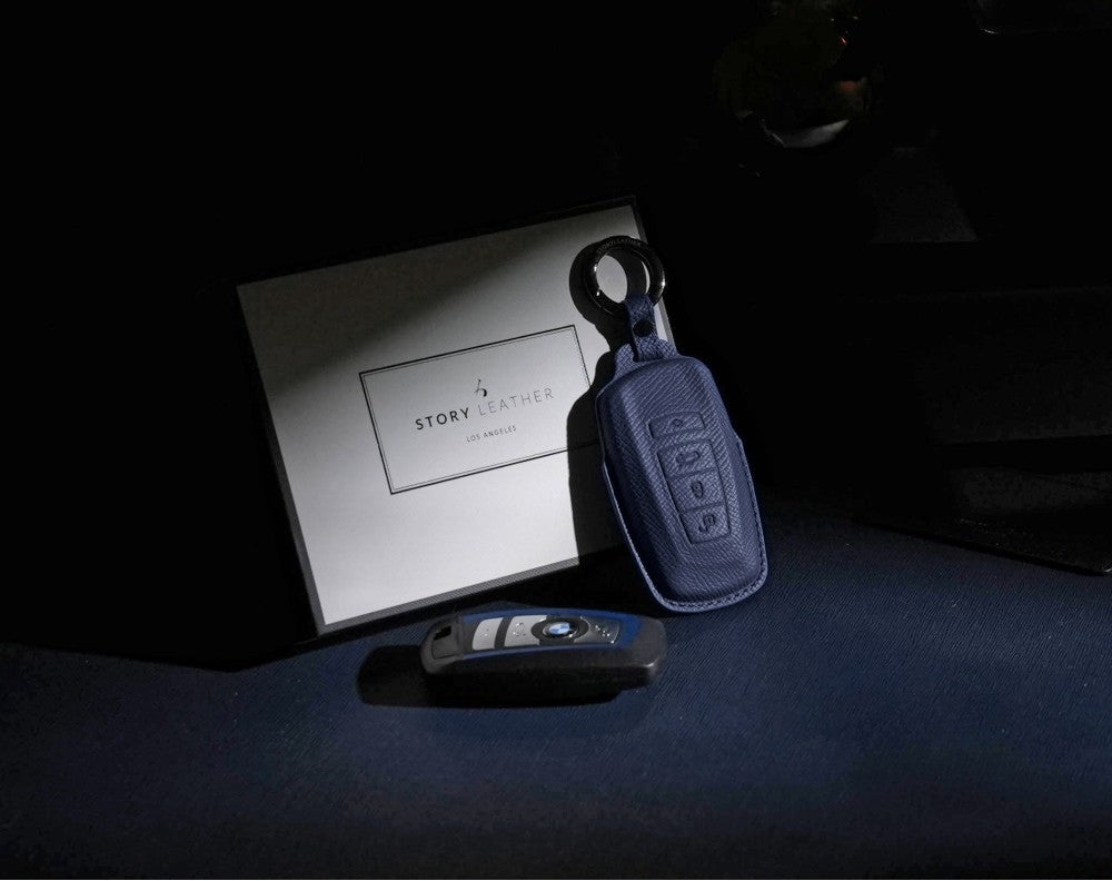 Blue Leather Key Cover for BMW Smart Key (Style R4)