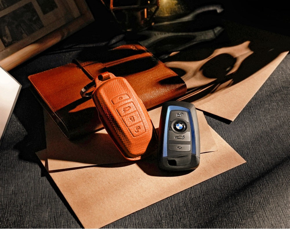 Orange Leather Key Cover for BMW Smart Key (Style R4)