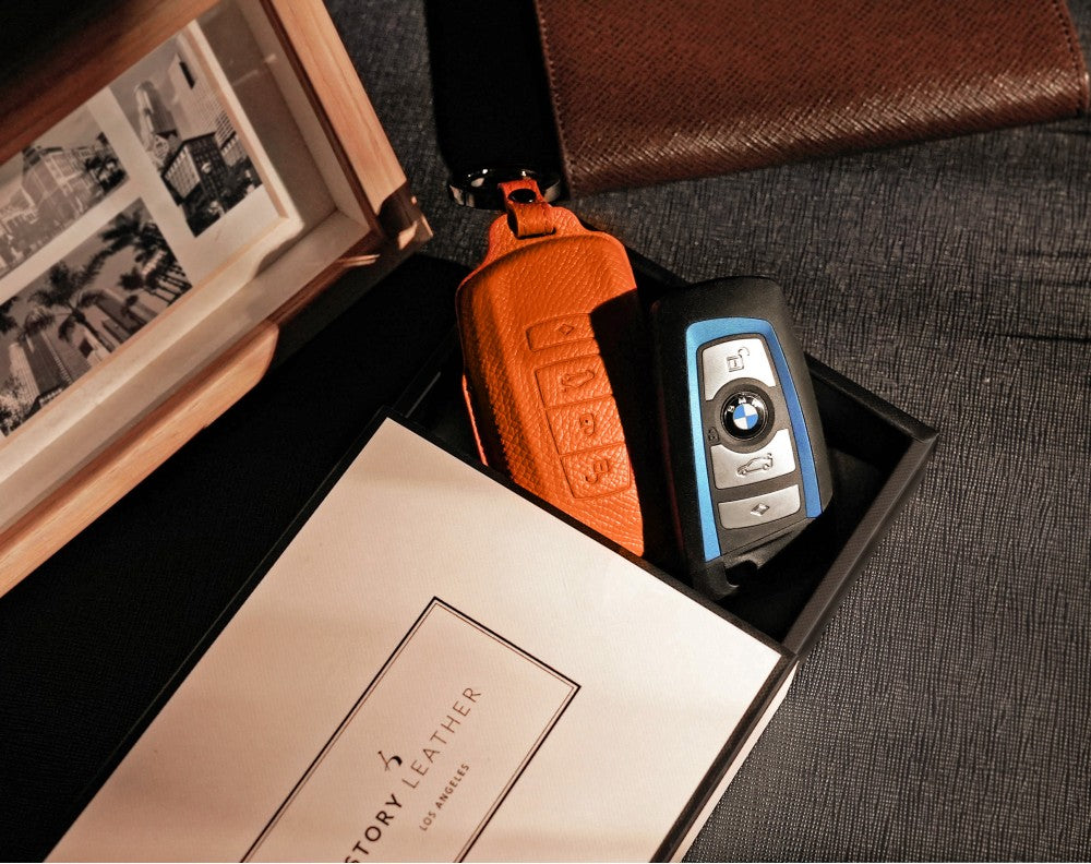 Orange Leather Key Cover for BMW Smart Key (Style R4)