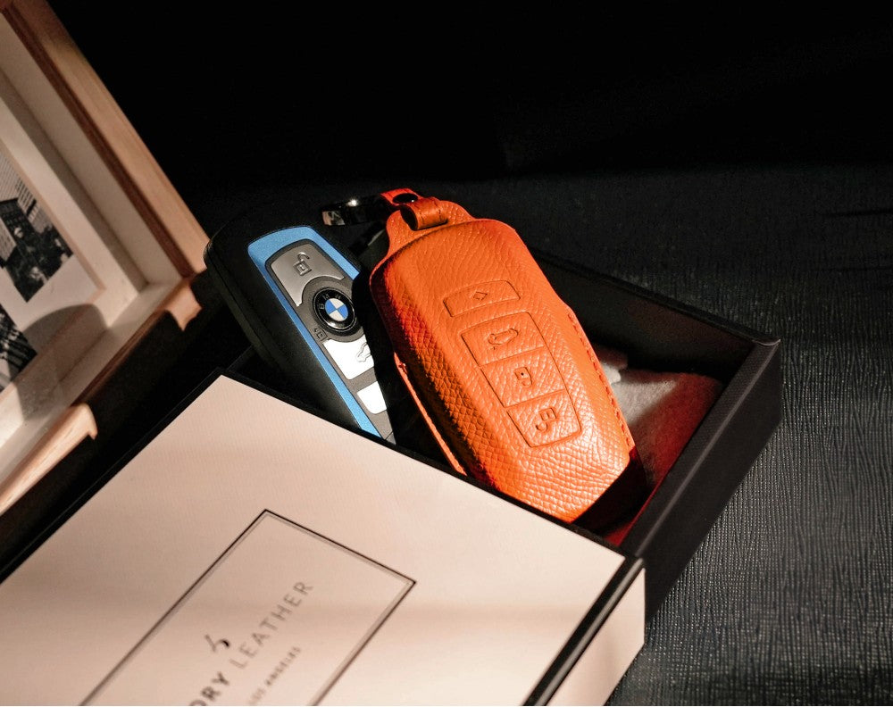 Orange Leather Key Cover for BMW Smart Key (Style R4)