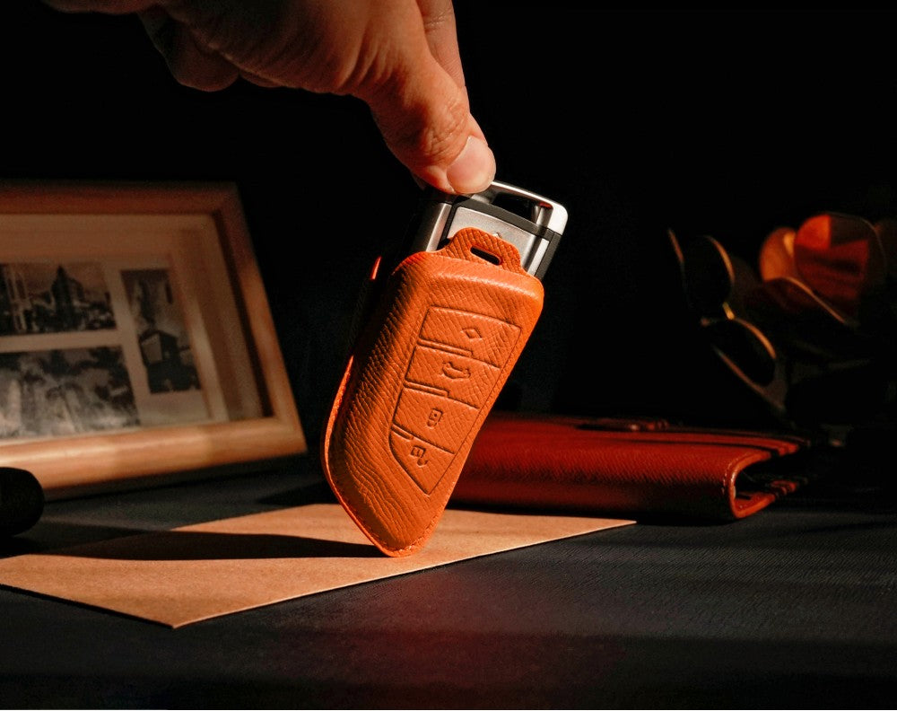 Orange Leather Key Cover for BMW Smart Key (Style T4)