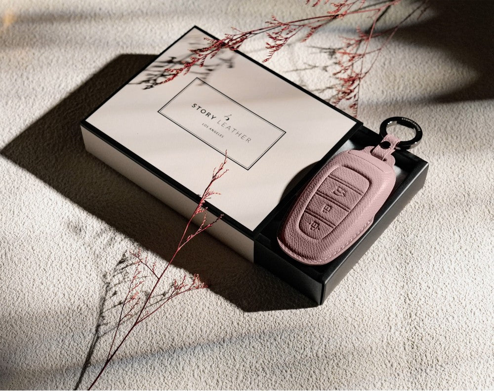 Pink Leather Key Cover for Hyundai Smart Key (Style R3)