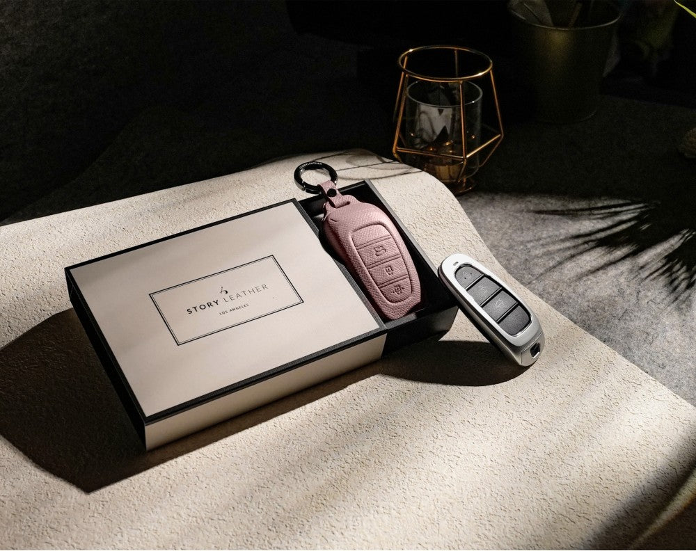 Pink Leather Key Cover for Hyundai Smart Key (Style R3)