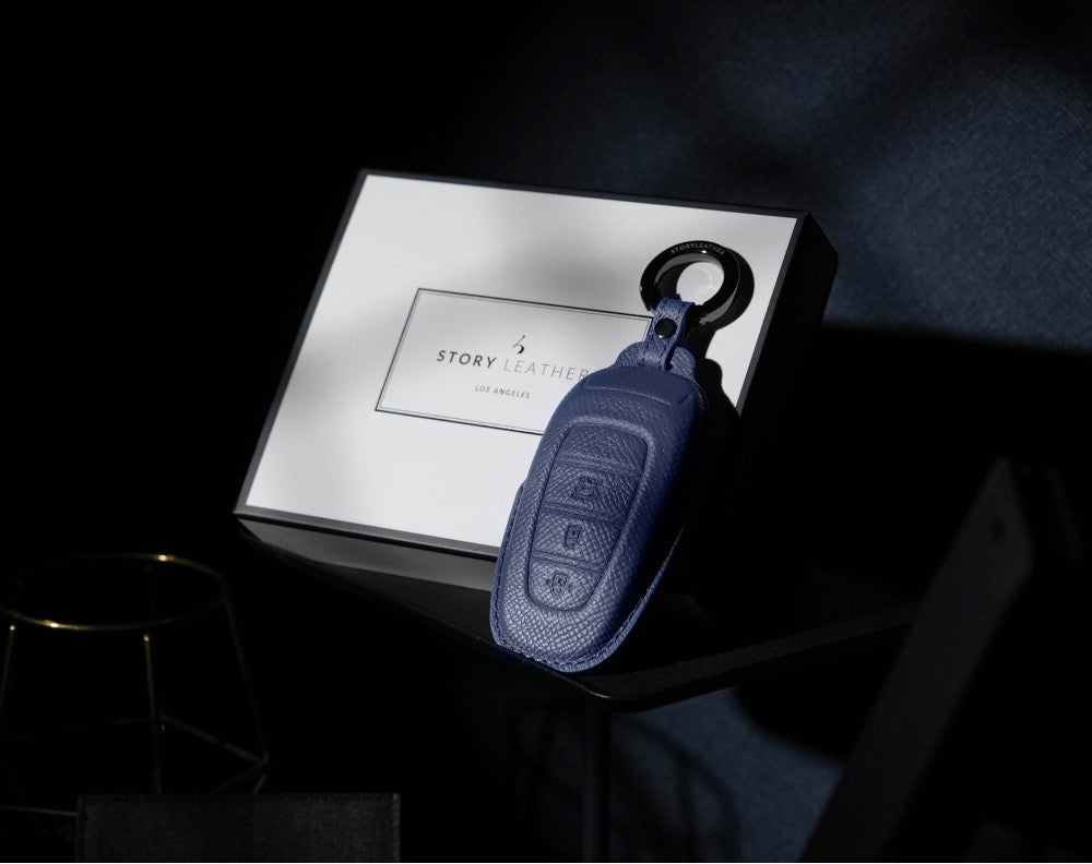 Blue Leather Key Cover for Hyundai Smart Key (Style R3)