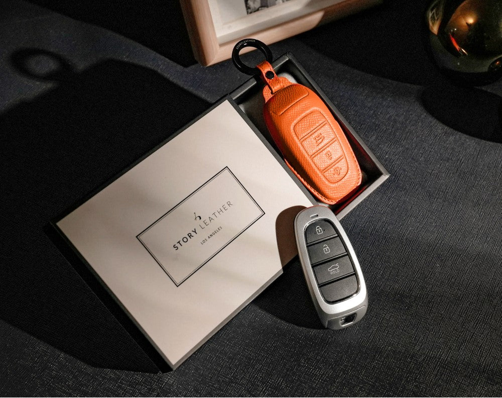 Orange Leather Key Cover for Hyundai Smart Key (Style R3)