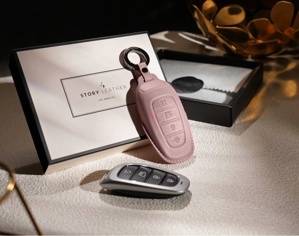 Pink Leather Key Cover for Hyundai Smart Key (Style R4)