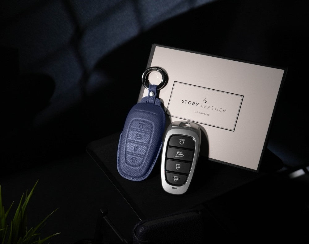 Blue Leather Key Cover for Hyundai Smart Key (Style R4)