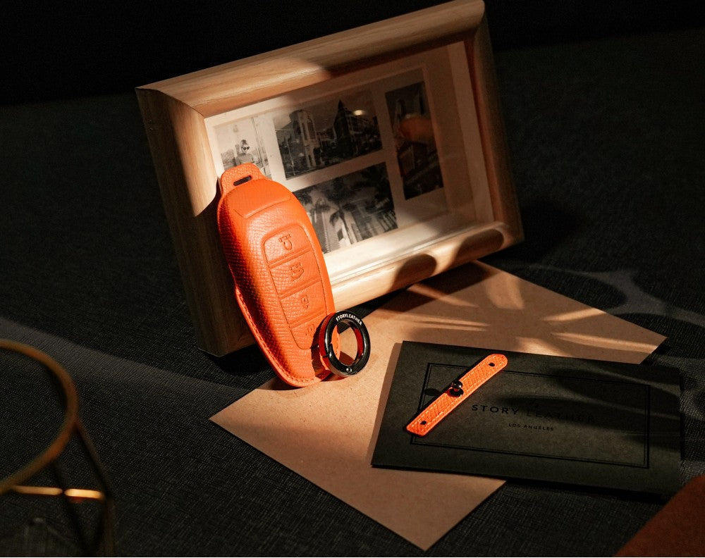 Orange Leather Key Cover for Hyundai Smart Key (Style R4)