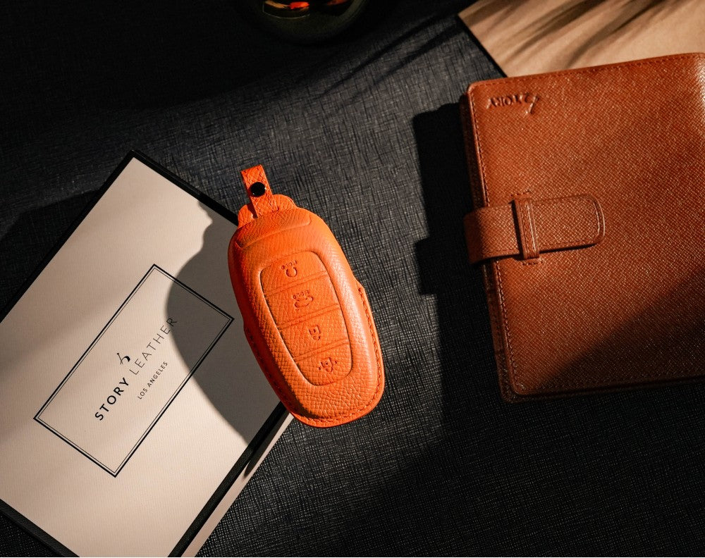 Orange Leather Key Cover for Hyundai Smart Key (Style R4)