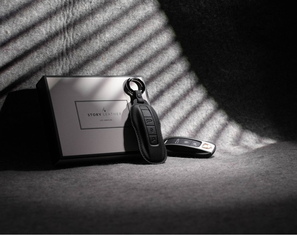 Black Leather Key Cover for Porsche Smart Key (Style C3)