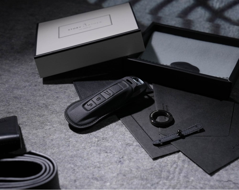 Black Leather Key Cover for Porsche Smart Key (Style C3)