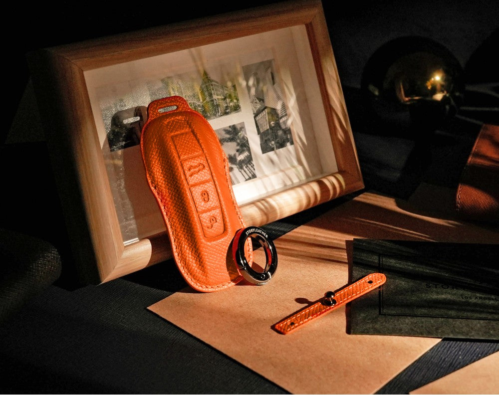 Orange Leather Key Cover for Porsche Smart Key (Style C3)