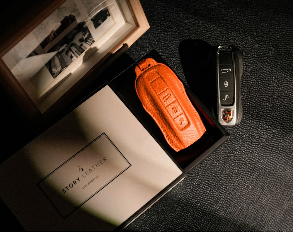 Orange Leather Key Cover for Porsche Smart Key (Style C3)