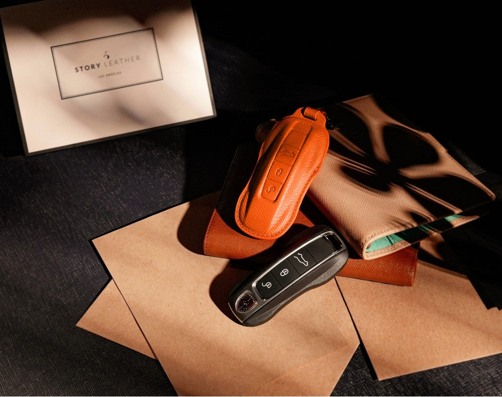 Orange Leather Key Cover for Porsche Smart Key (Style C3)