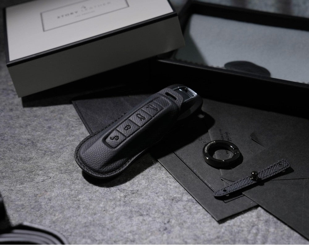 Black Leather Key Cover for Porsche Smart Key (Style C4)