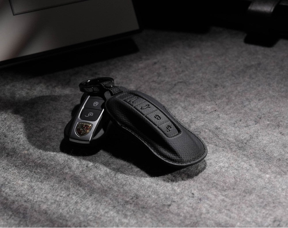 Black Leather Key Cover for Porsche Smart Key (Style C4)
