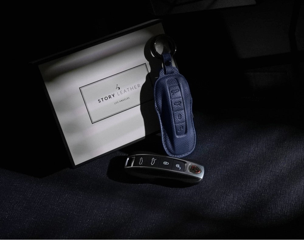 Blue Leather Key Cover for Porsche Smart Key (Style C4)