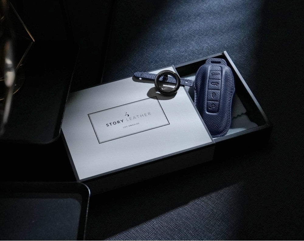 Blue Leather Key Cover for Porsche Smart Key (Style C4)