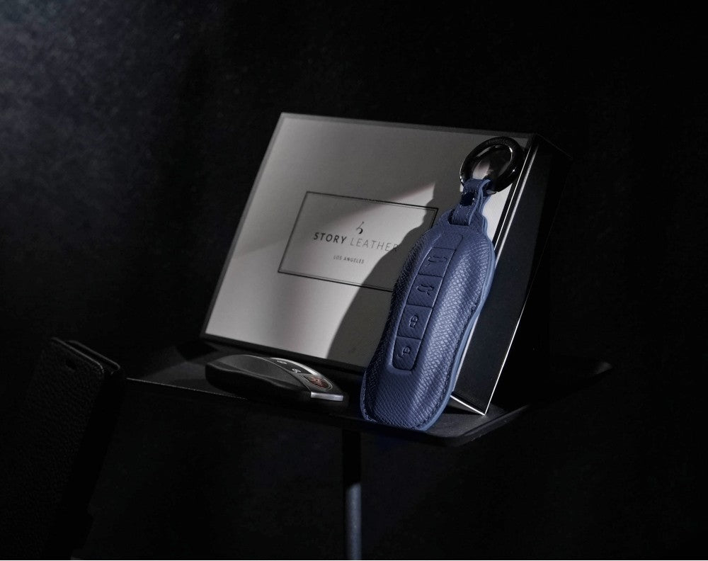 Blue Leather Key Cover for Porsche Smart Key (Style C4)