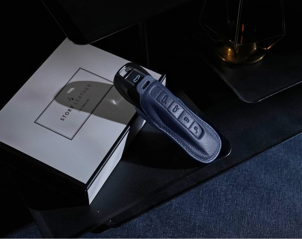 Blue Leather Key Cover for Porsche Smart Key (Style C4)