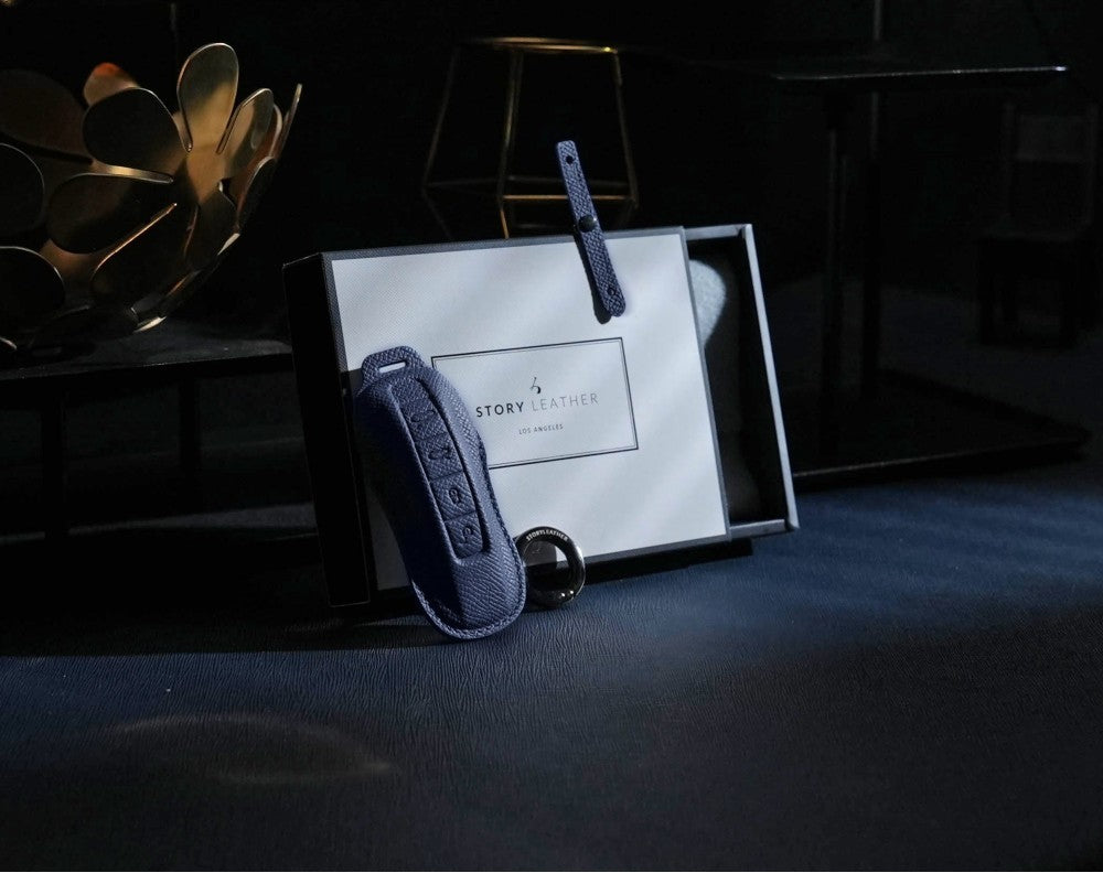 Blue Leather Key Cover for Porsche Smart Key (Style C4)