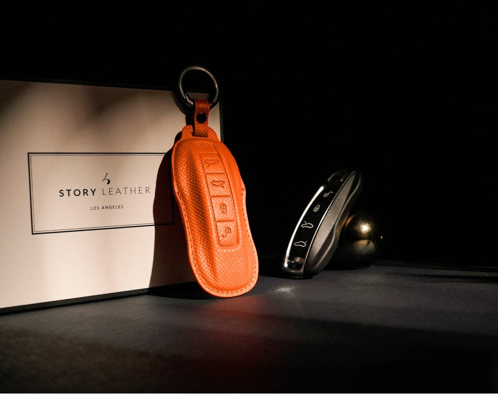 Orange Leather Key Cover for Porsche Smart Key (Style C4)
