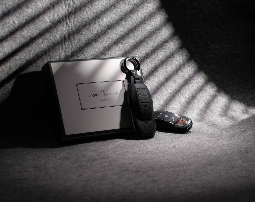 Black Leather Key Cover for Porsche Smart Key (Style O3)
