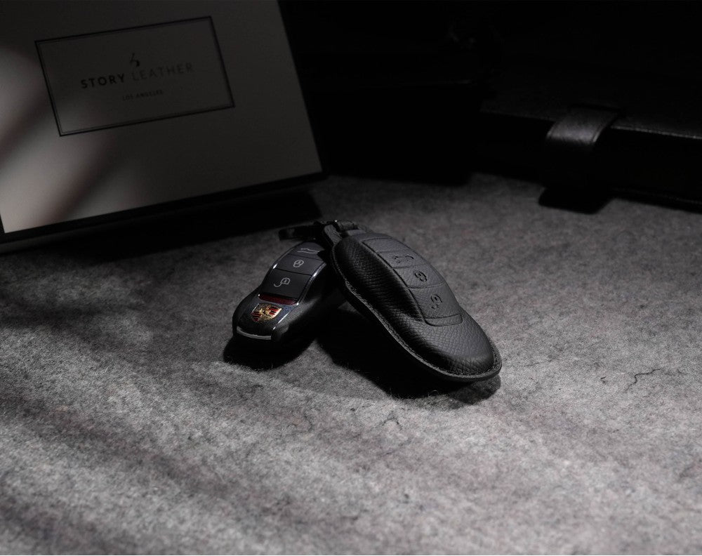 Black Leather Key Cover for Porsche Smart Key (Style O3)