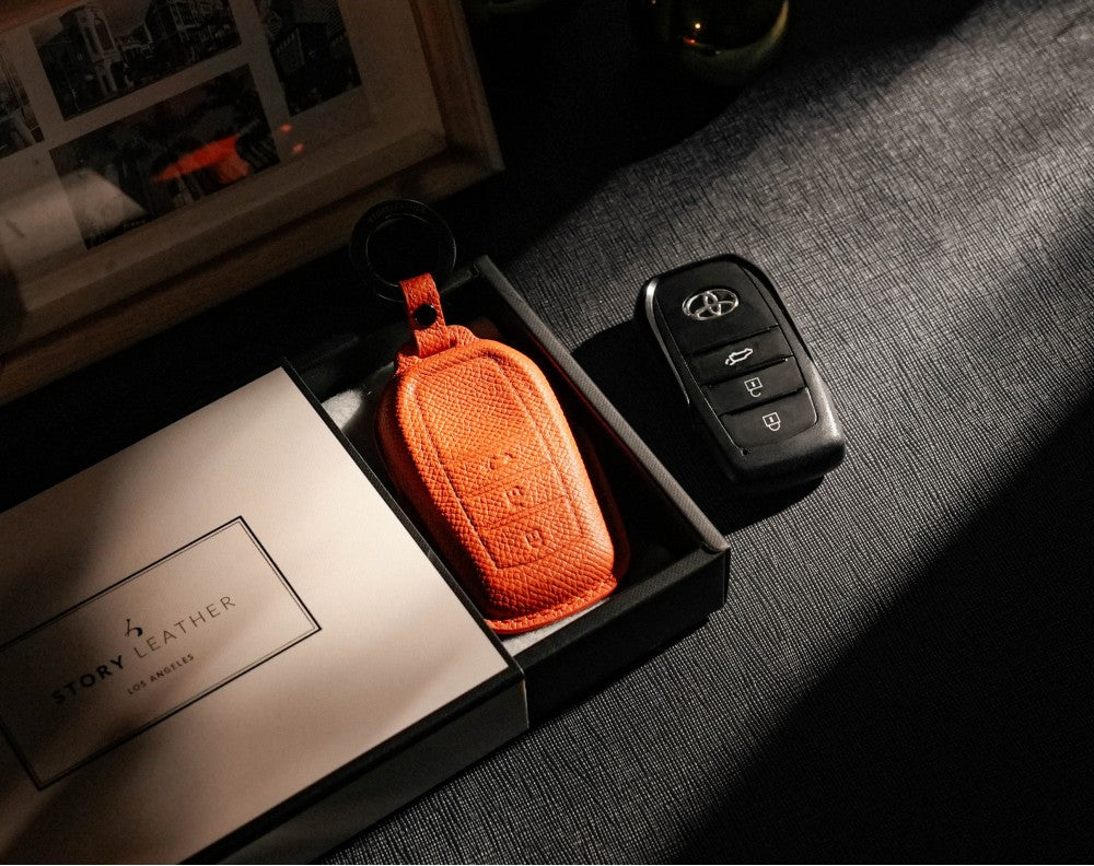 Orange Leather Key Cover for Toyota Smart Key (Style R3)