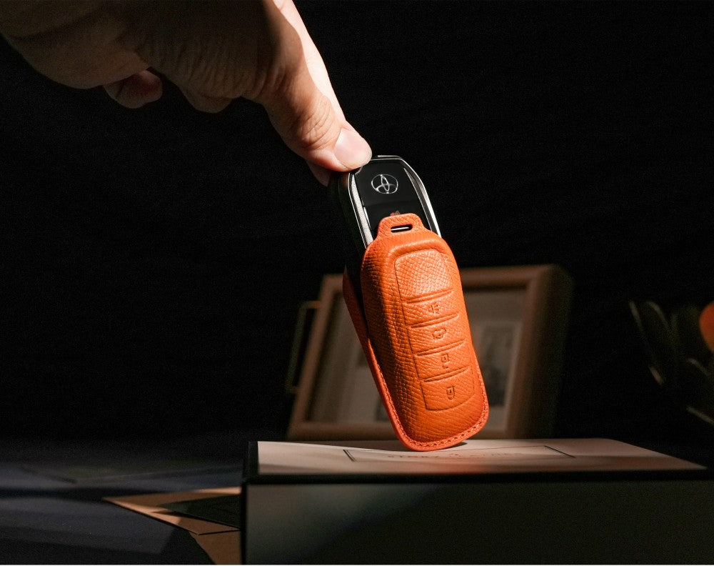 Orange Leather Key Cover for Toyota Smart Key (Style R4)