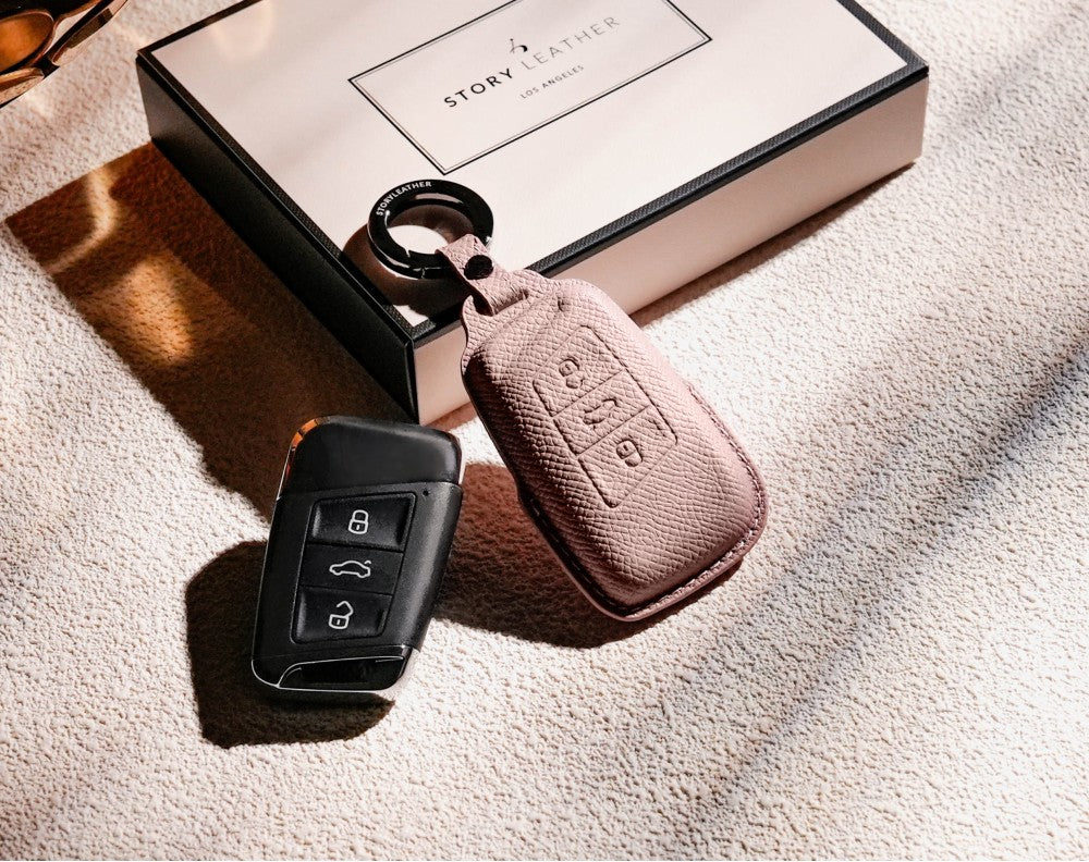 Pink Leather Key Cover for Volkswagen & Skoda Smart Key (Style R3)