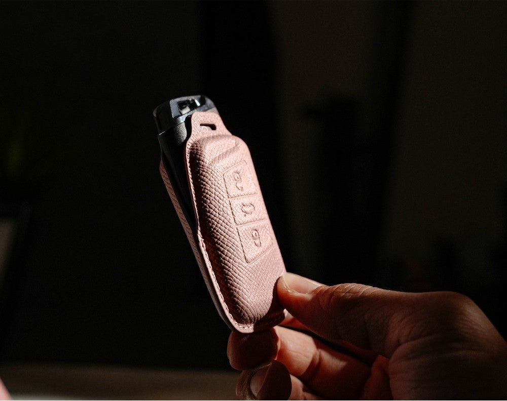 Pink Leather Key Cover for Volkswagen & Skoda Smart Key (Style R3)