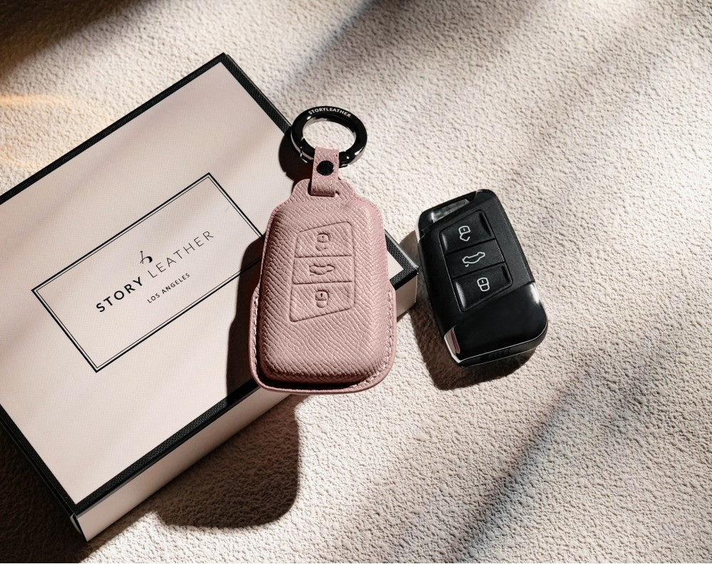 Pink Leather Key Cover for Volkswagen & Skoda Smart Key (Style R3)