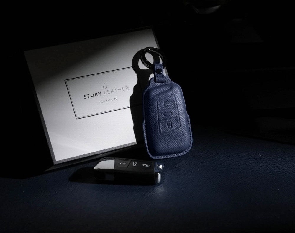 Blue Leather Key Cover for Volkswagen & Skoda Smart Key (Style R3)