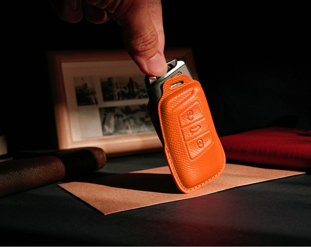 Orange Leather Key Cover for Volkswagen & Skoda Smart Key (Style R3)