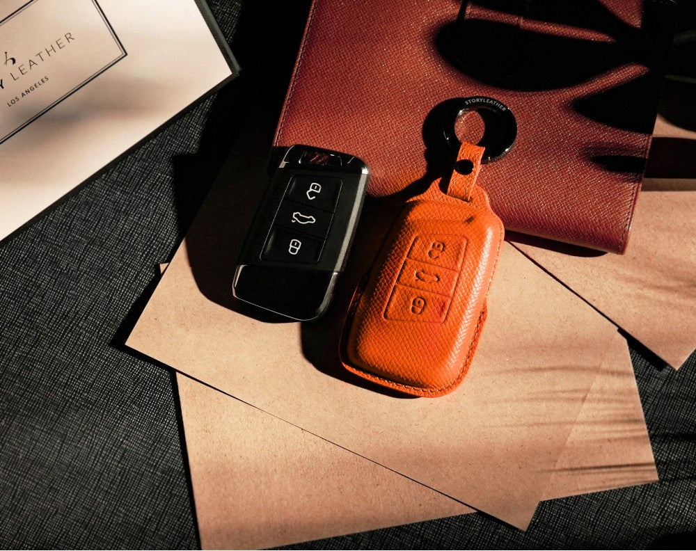 Orange Leather Key Cover for Volkswagen & Skoda Smart Key (Style R3)