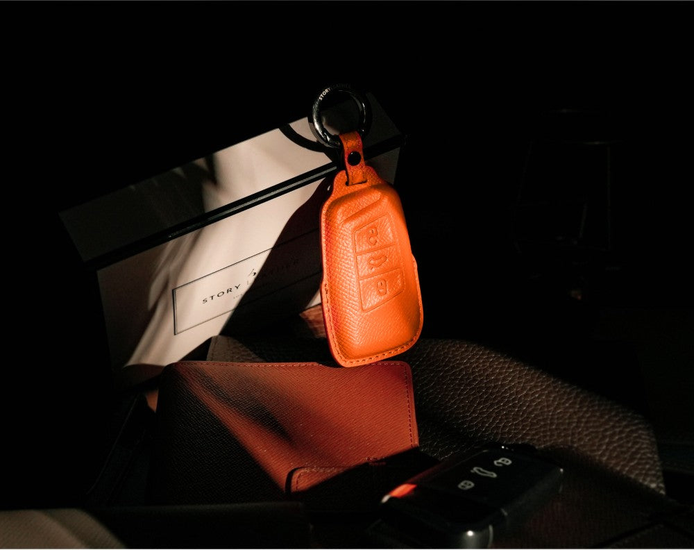 Orange Leather Key Cover for Volkswagen & Skoda Smart Key (Style R3)