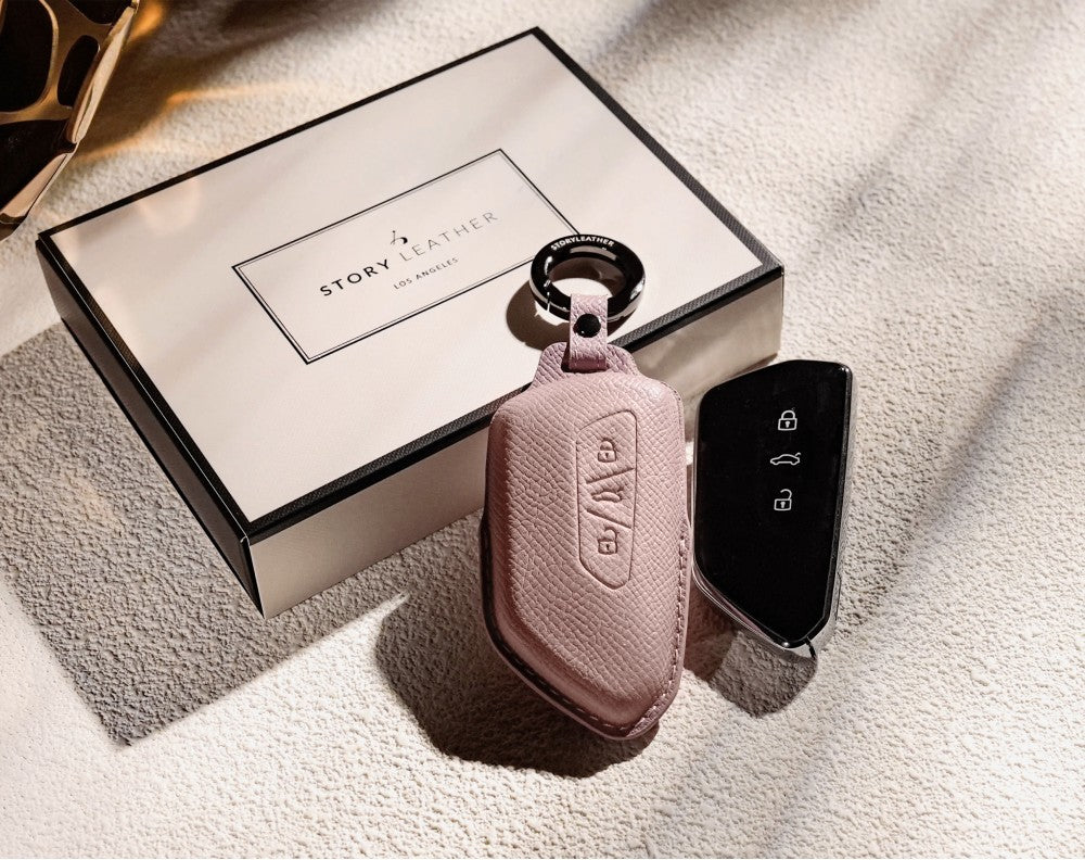Pink Leather Key Cover for Volkswagen & Skoda Smart Key (Style T3)