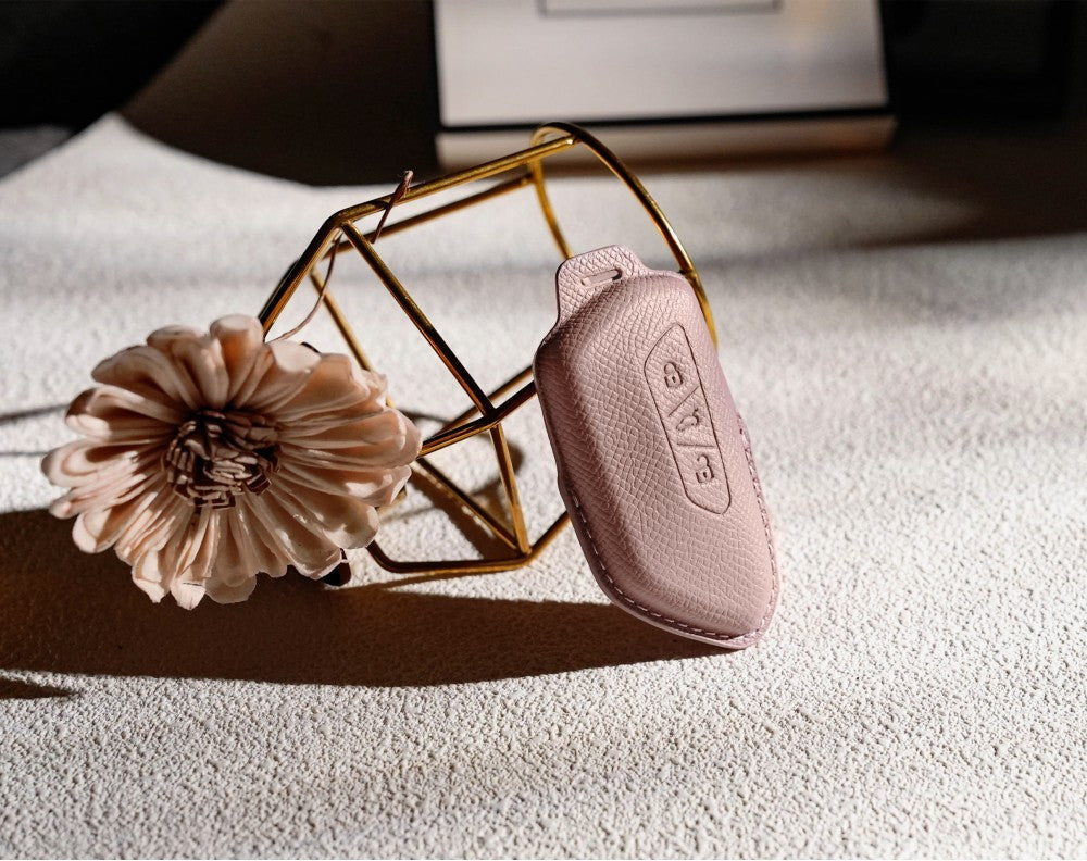 Pink Leather Key Cover for Volkswagen & Skoda Smart Key (Style T3)