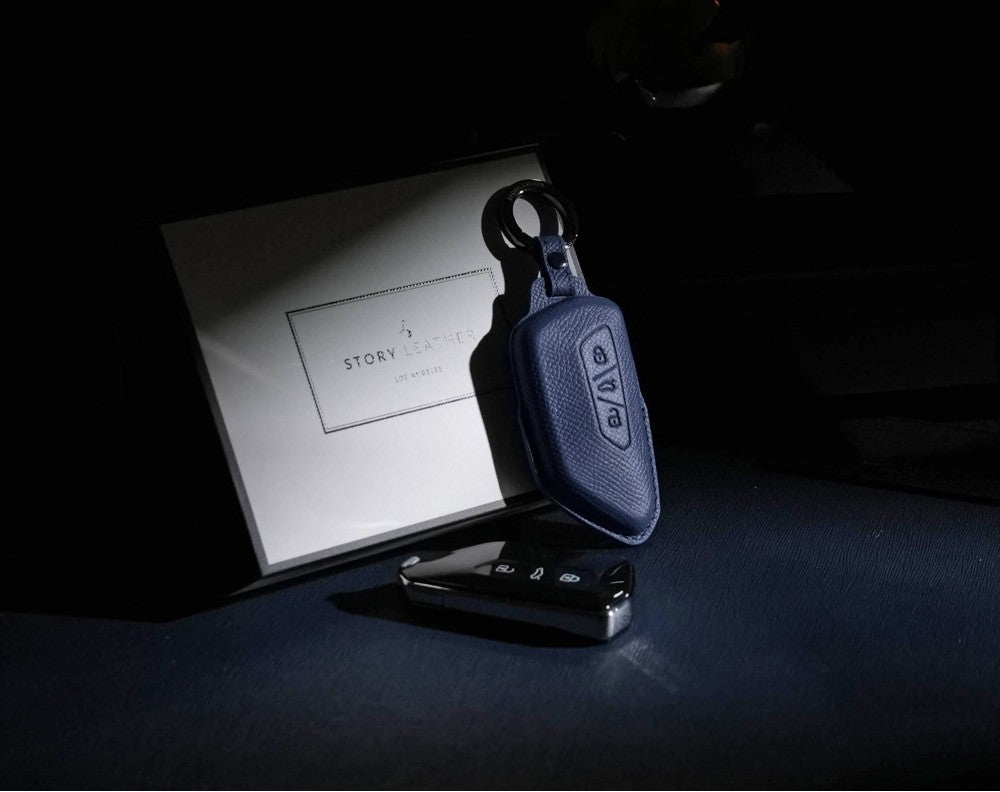 Blue Leather Key Cover for Volkswagen & Skoda Smart Key (Style T3)
