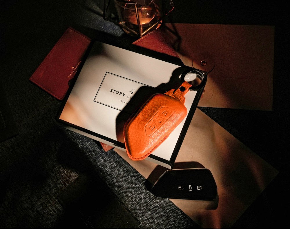 Orange Leather Key Cover for Volkswagen & Skoda Smart Key (Style T3)