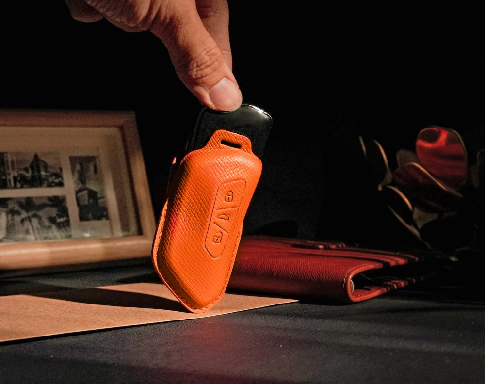 Orange Leather Key Cover for Volkswagen & Skoda Smart Key (Style T3)