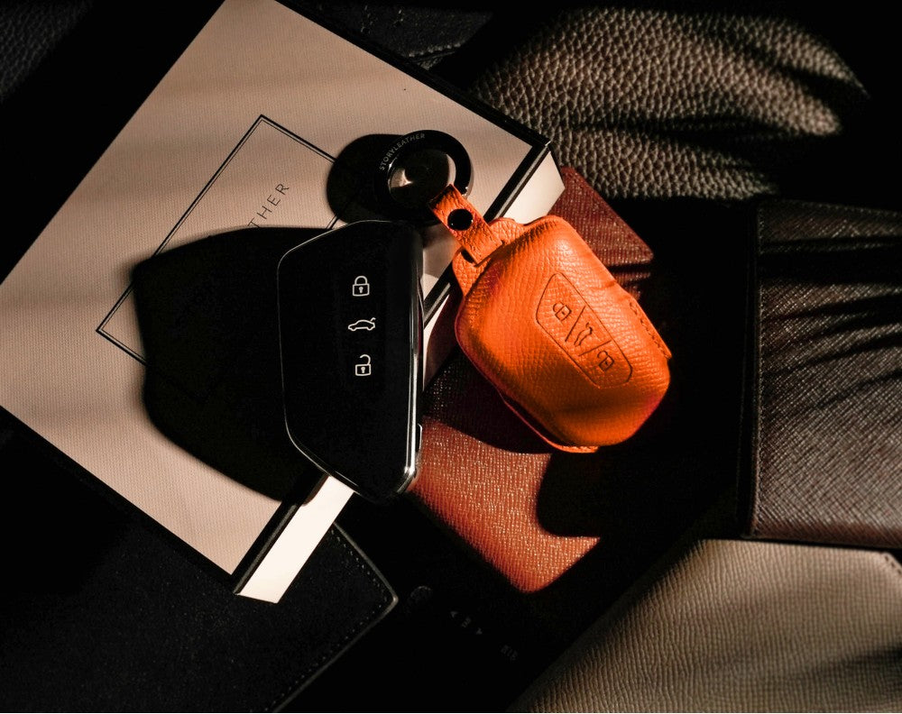 Orange Leather Key Cover for Volkswagen & Skoda Smart Key (Style T3)