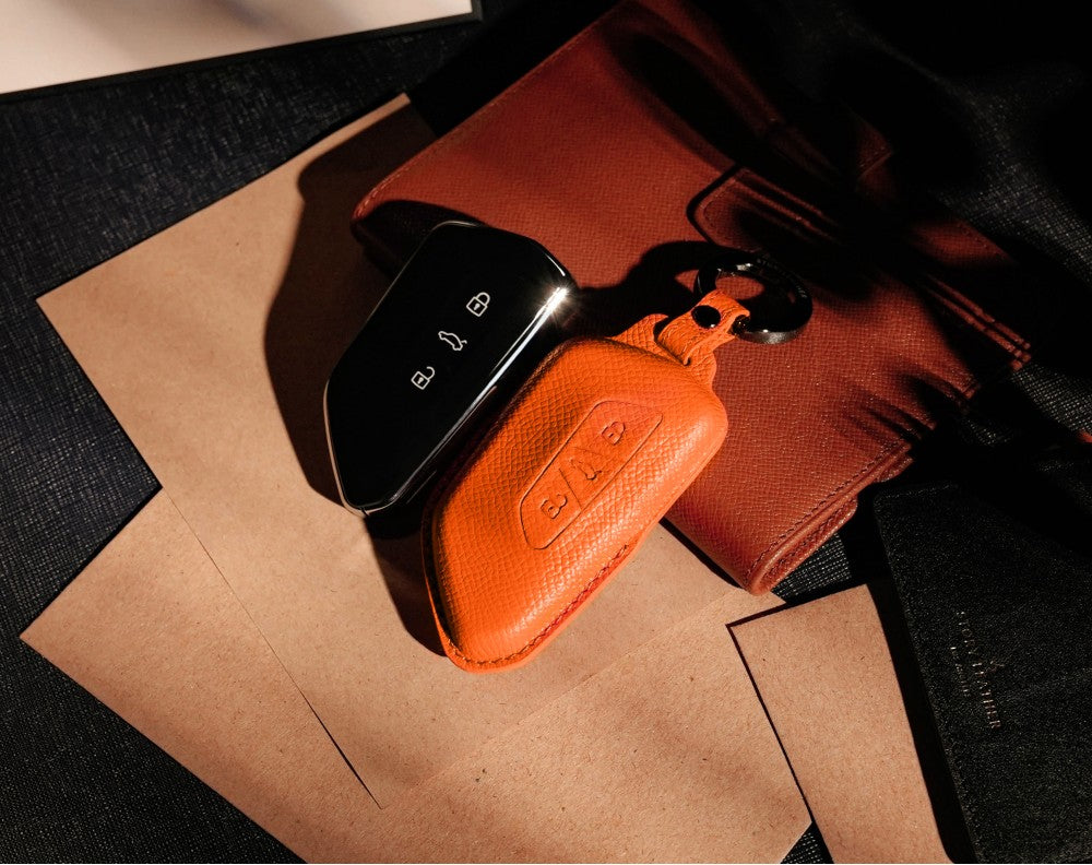 Orange Leather Key Cover for Volkswagen & Skoda Smart Key (Style T3)