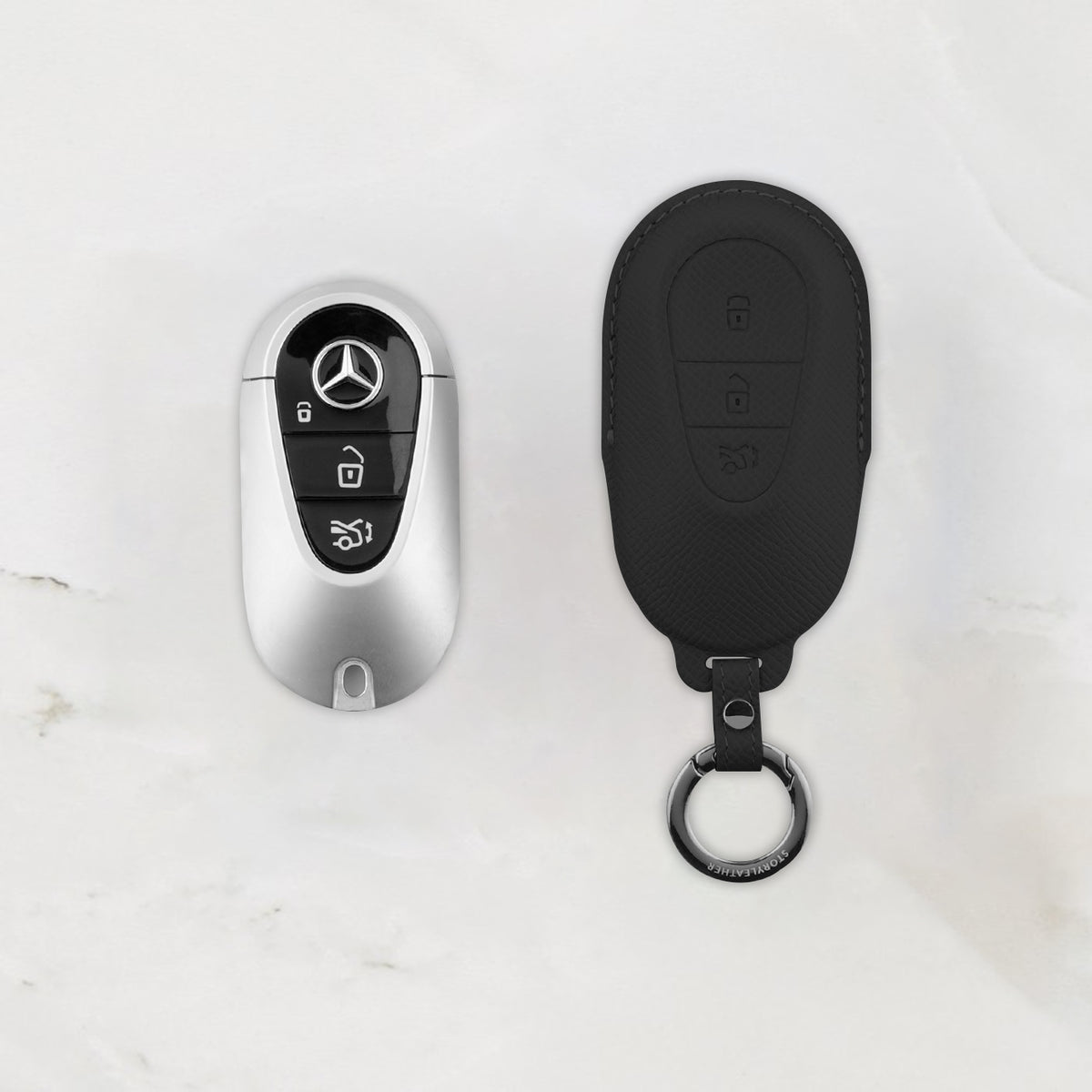 Black Leather Key Cover for Mercedes-Benz Smart Key (Style O3)