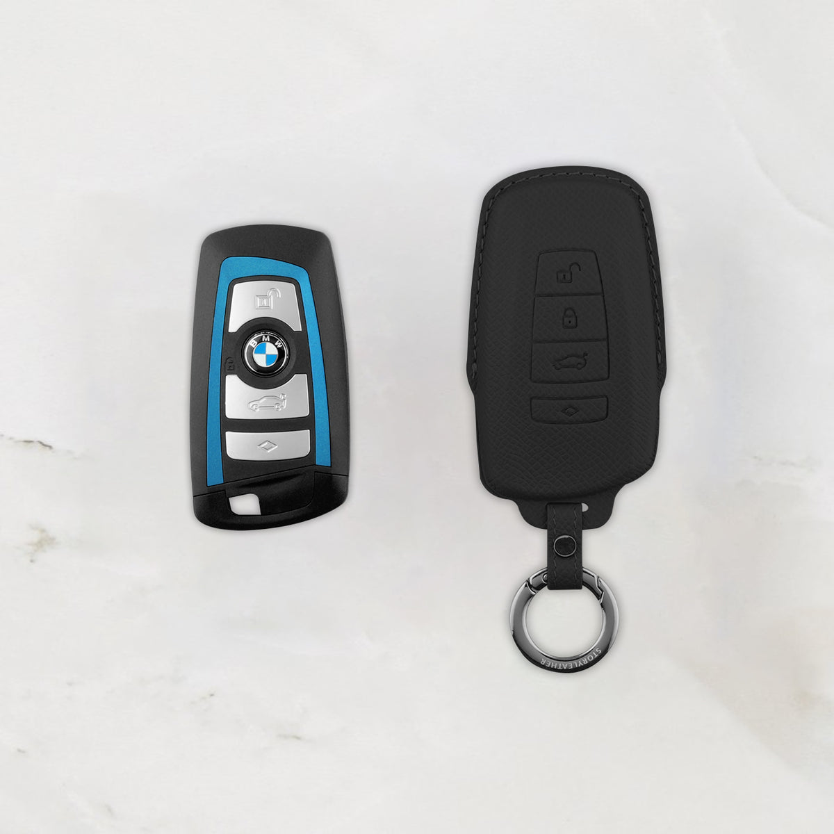 Black Leather Key Cover for BMW Smart Key (Style R4)