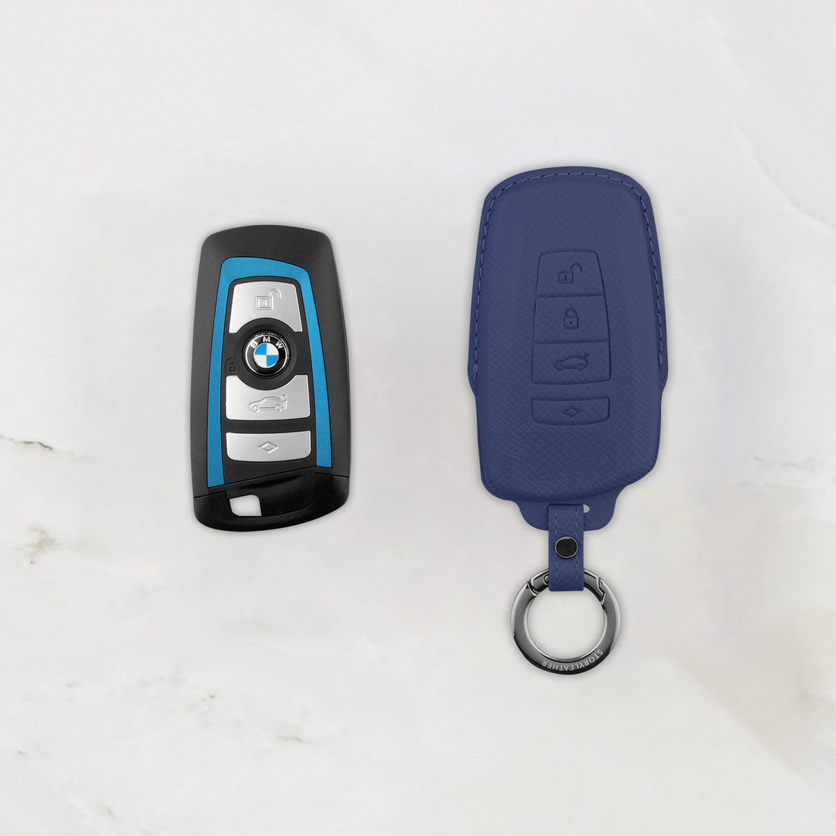 Blue Leather Key Cover for BMW Smart Key (Style R4)