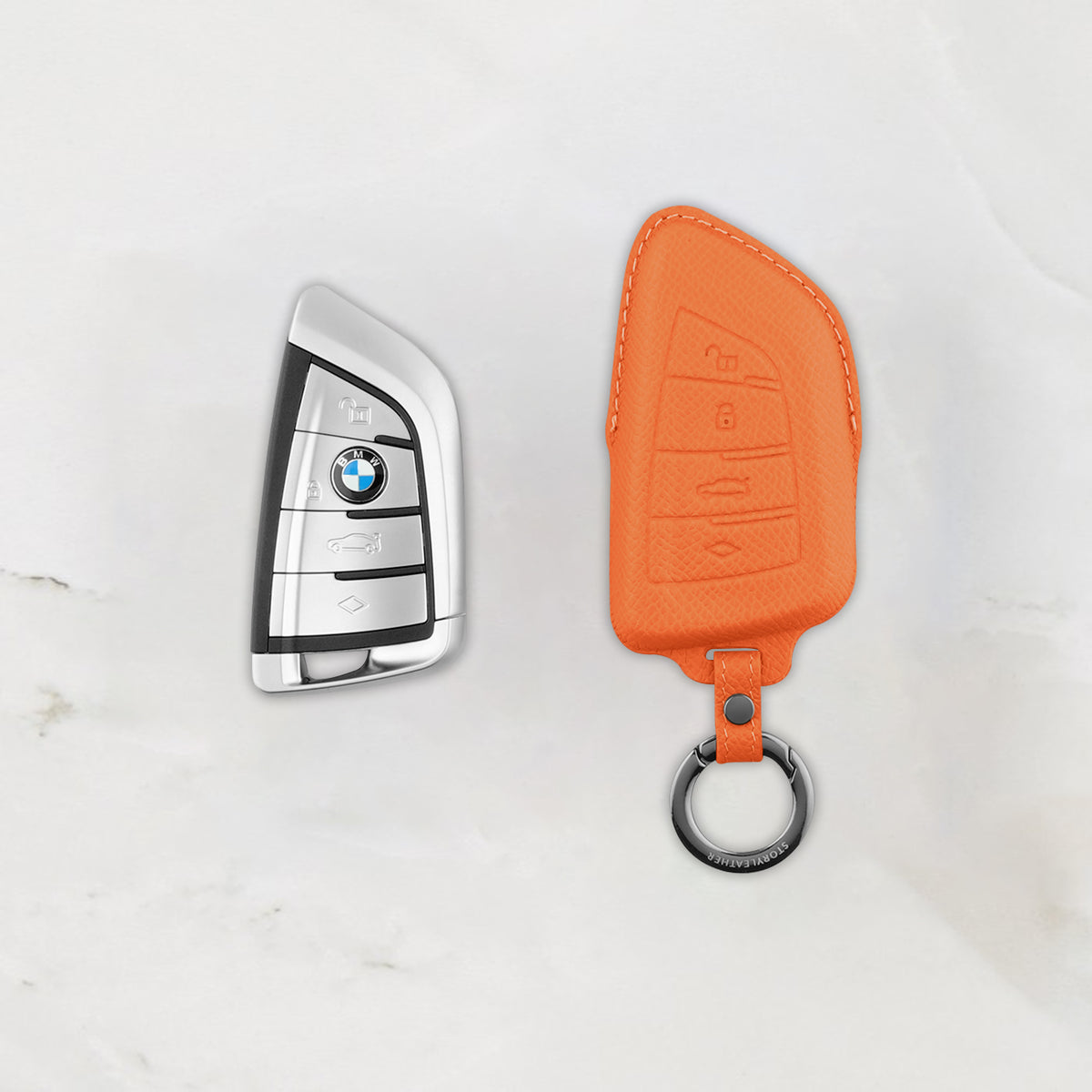 Orange Leather Key Cover for BMW Smart Key (Style T4)